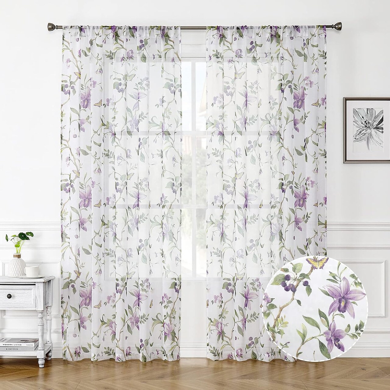 Floral Sheer Curtains – Purple Cherry Blossom & Butterfly Print, 54x84", Set of 2 (Purple)